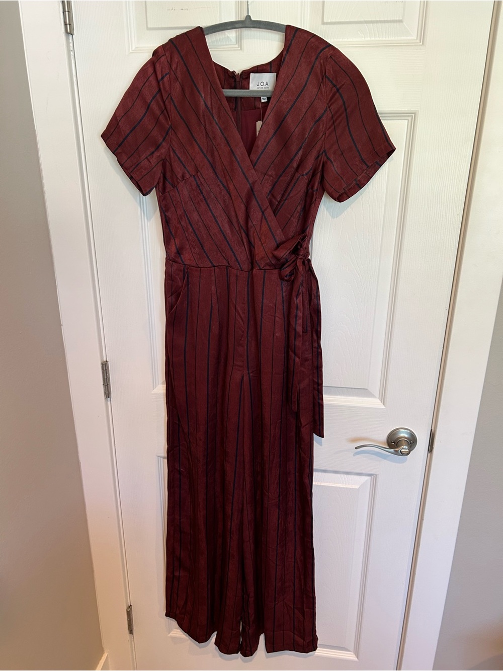 J.O.A. Burgundy and Black Striped Wrap Jumpsuit